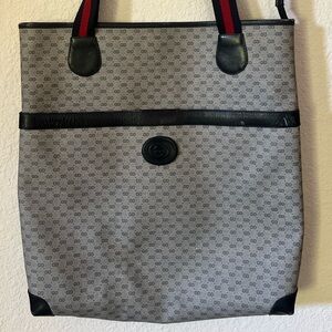 Vintage Gucci GG Supreme Monogram Tote Bag Web Stripe Handles Canvas & Leather